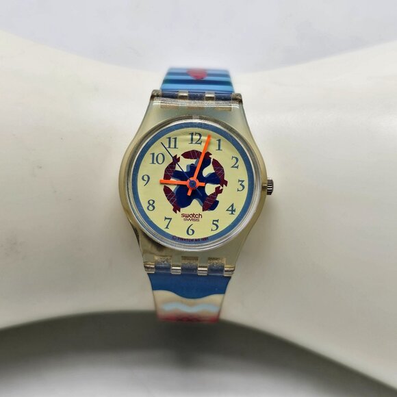 Swatch Blue White Ocean Motif Red Cloud 26mm Silicone Band 1992 Vintage Watch - Picture 1 of 5